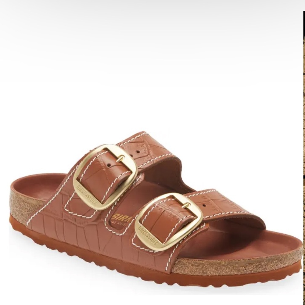 Birkenstock x Staud big buckle brown croc embossed saddle sandals 40